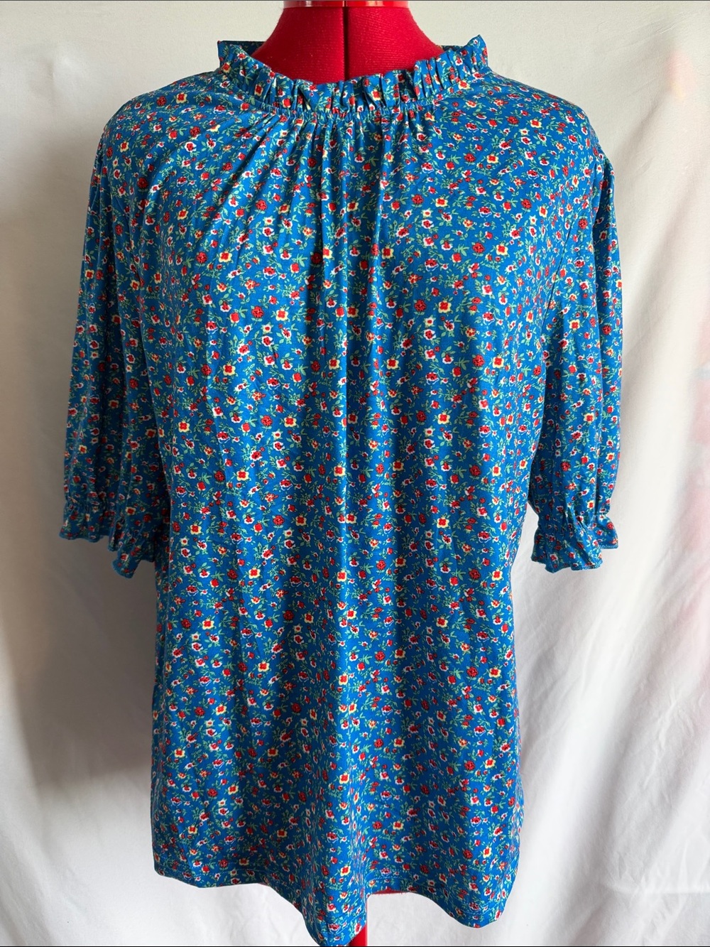 Blue Floral Ruffle-Neck Blouse - Women's
